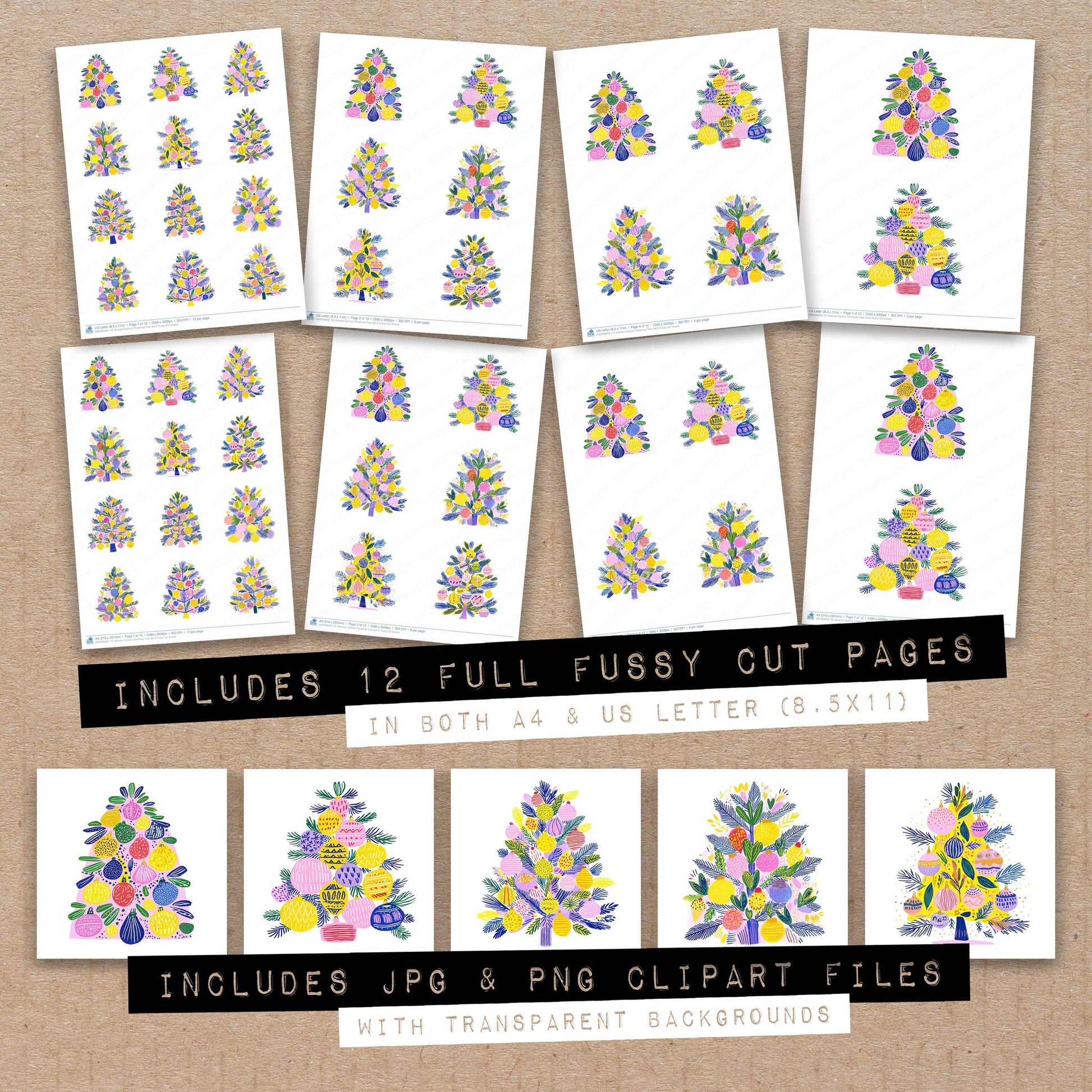 Full collection view of Abstract Cartoon Christmas Tree E fussy cut sheets with bonus clipart JPG and PNG files