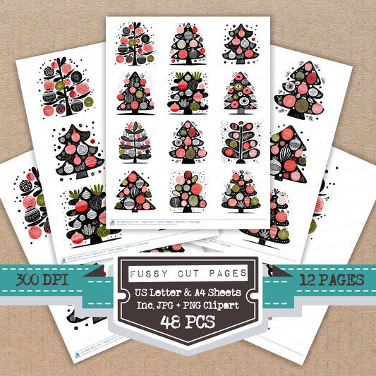 Abstract Christmas Tree Cartoon F fussy cut printable sheets for junk journaling, scrapbooking, and paper craft projects