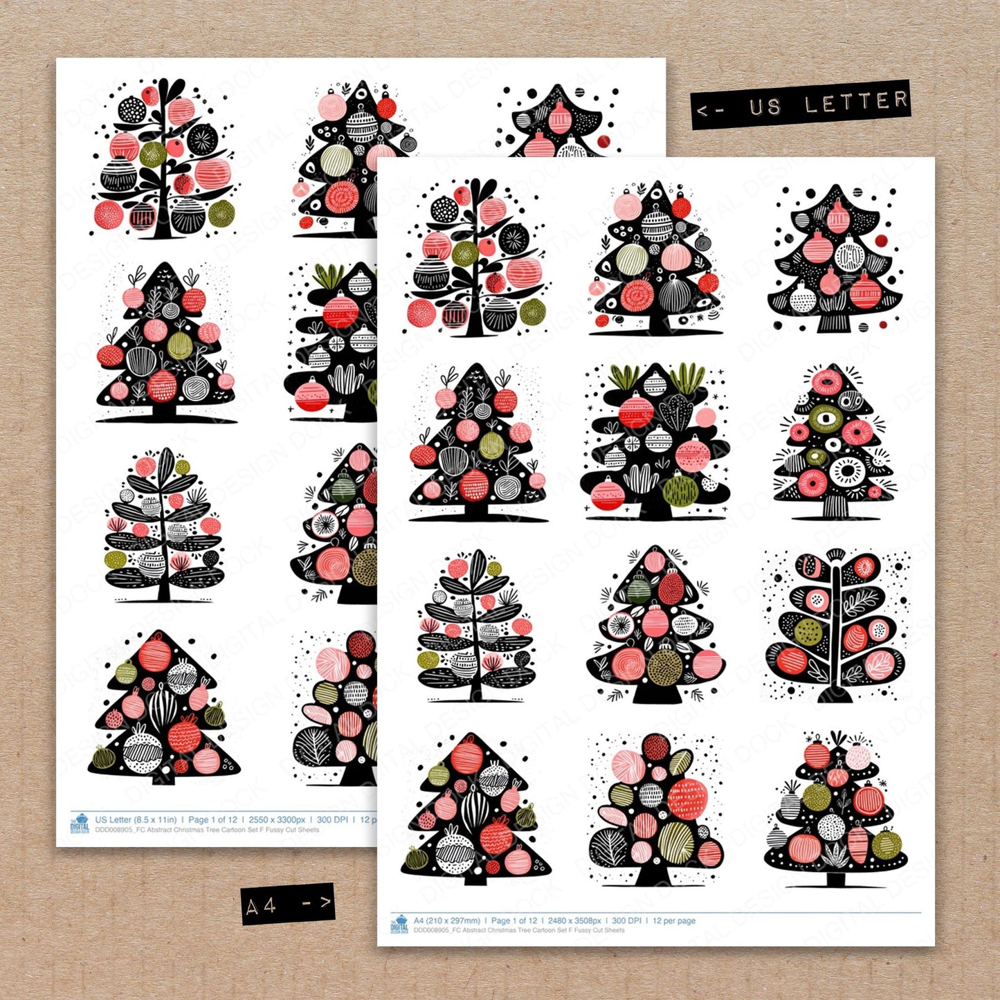 A4 and US Letter format comparison showing Abstract Christmas Tree Cartoon F fussy cut pages for print and cut crafting