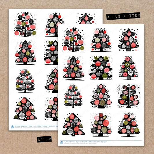 A4 and US Letter format comparison showing Abstract Christmas Tree Cartoon F fussy cut pages for print and cut crafting