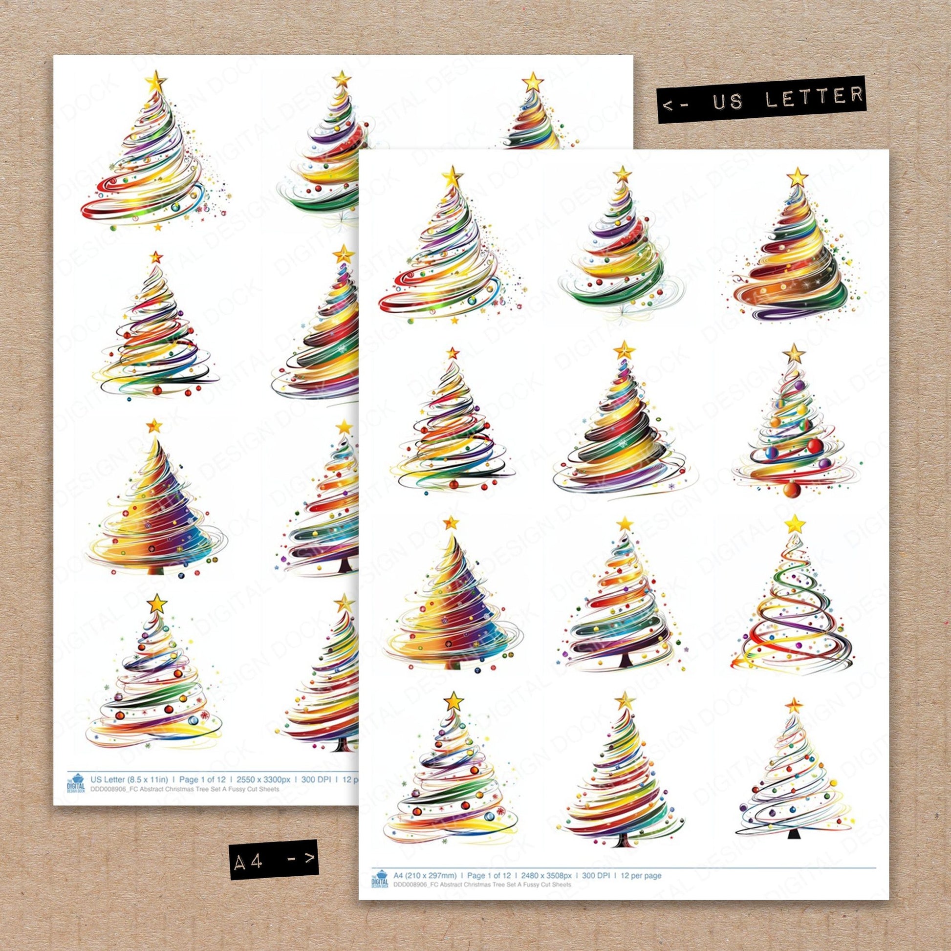 A4 and US Letter format comparison showing Abstract Christmas Tree A fussy cut pages for print and cut crafting