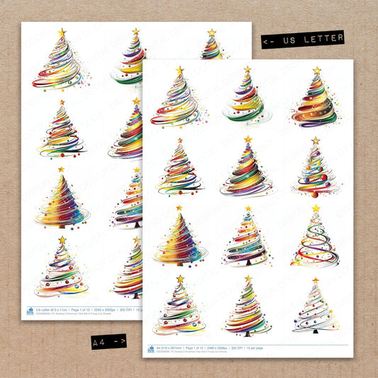 A4 and US Letter format comparison showing Abstract Christmas Tree A fussy cut pages for print and cut crafting