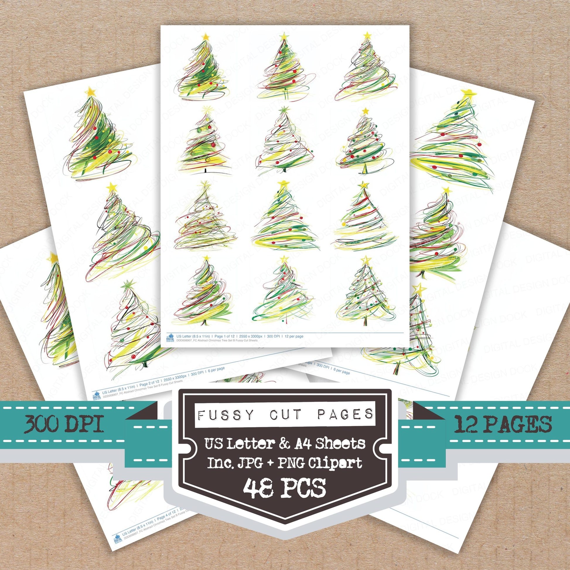 Abstract Christmas Tree B fussy cut printable sheets for junk journaling, scrapbooking, and paper craft projects