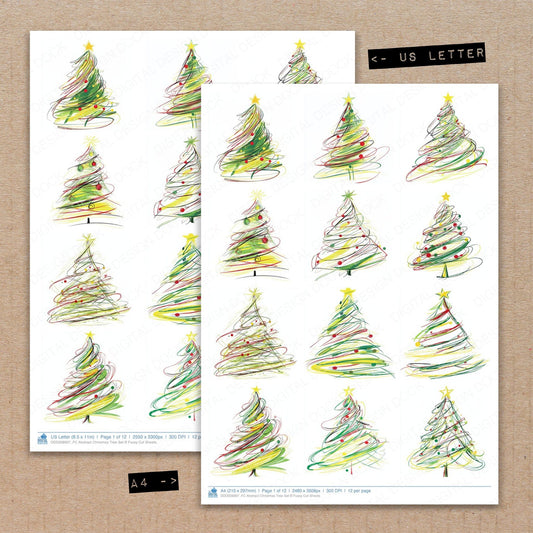 A4 and US Letter format comparison showing Abstract Christmas Tree B fussy cut pages for print and cut crafting