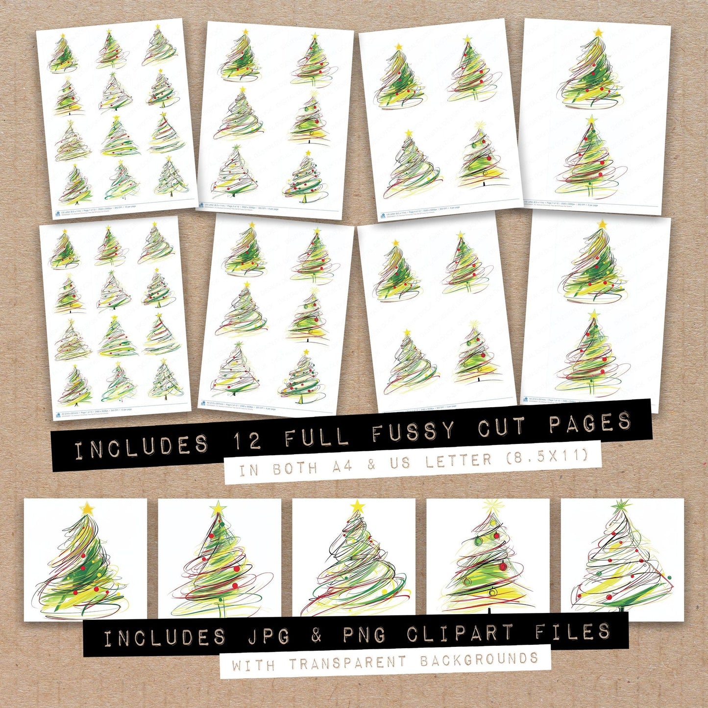 Full collection view of Abstract Christmas Tree B fussy cut sheets with bonus clipart JPG and PNG files