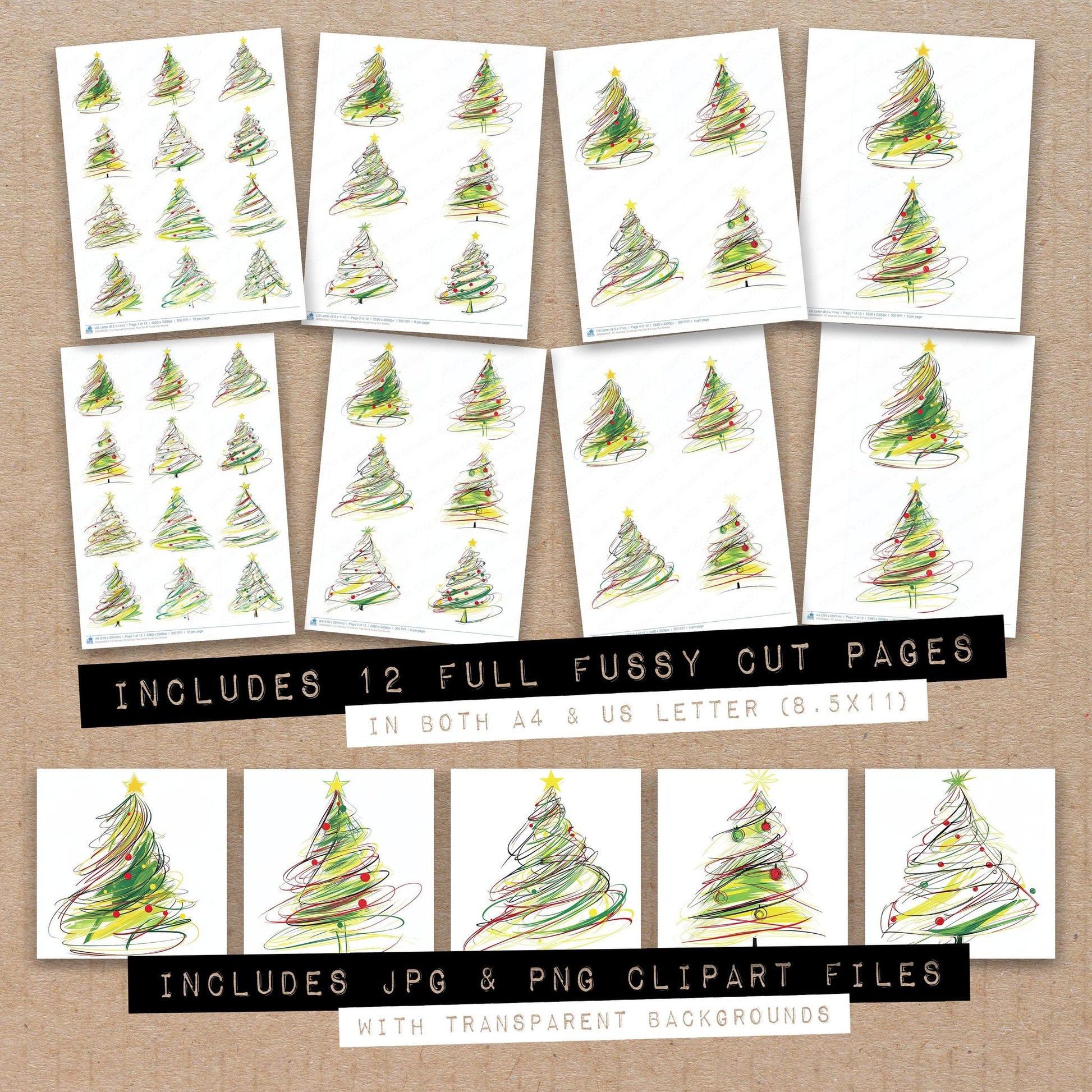 Full collection view of Abstract Christmas Tree B fussy cut sheets with bonus clipart JPG and PNG files