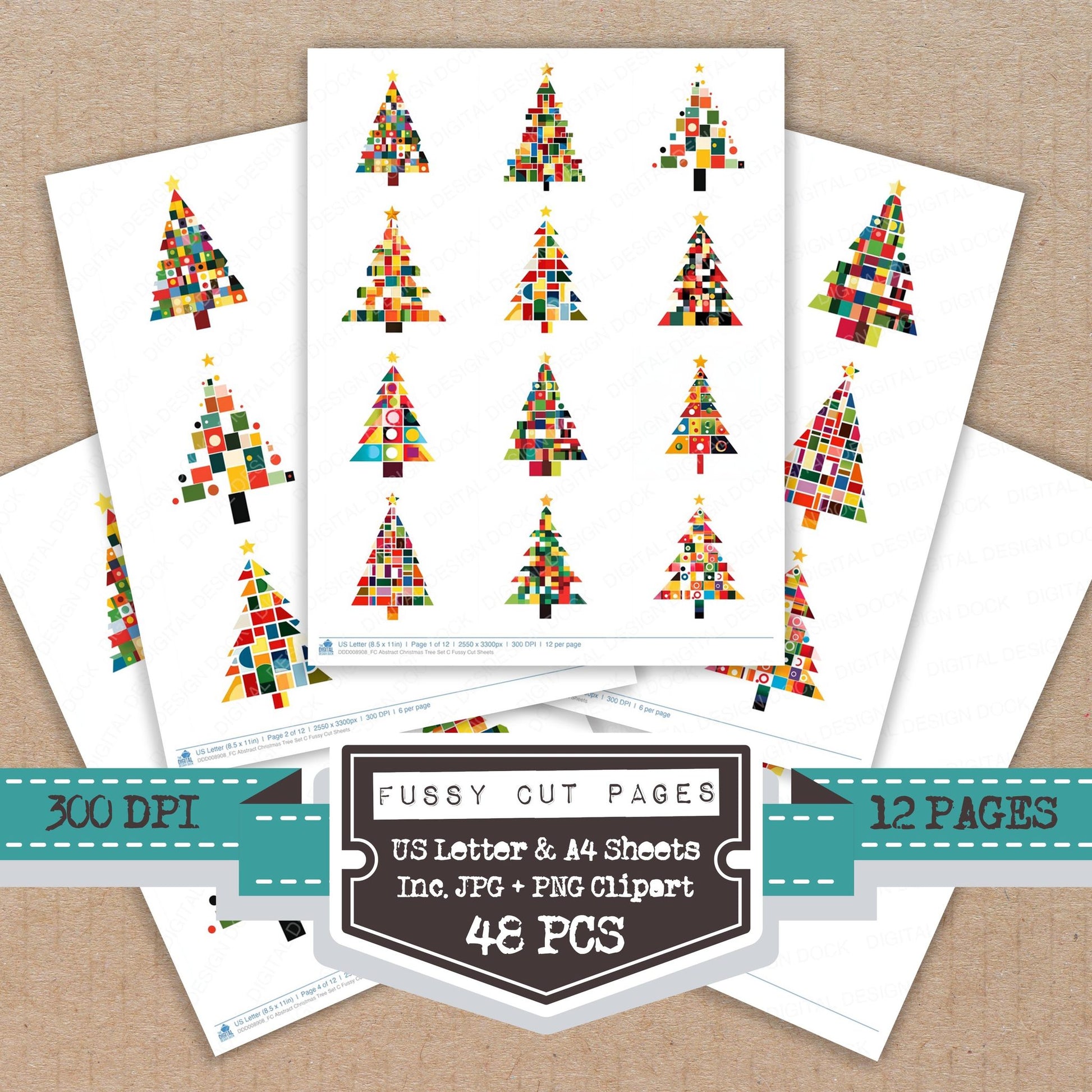 Abstract Christmas Tree C fussy cut printable sheets for junk journaling, scrapbooking, and paper craft projects