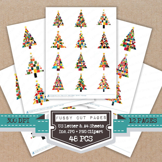 Abstract Christmas Tree C fussy cut printable sheets for junk journaling, scrapbooking, and paper craft projects