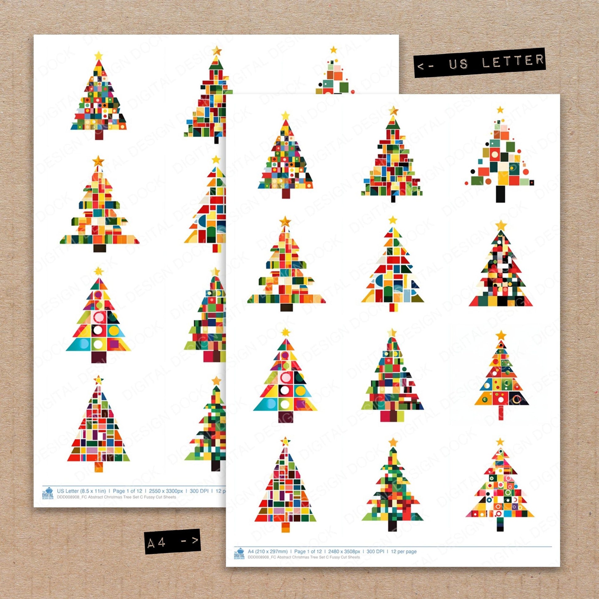 A4 and US Letter format comparison showing Abstract Christmas Tree C fussy cut pages for print and cut crafting
