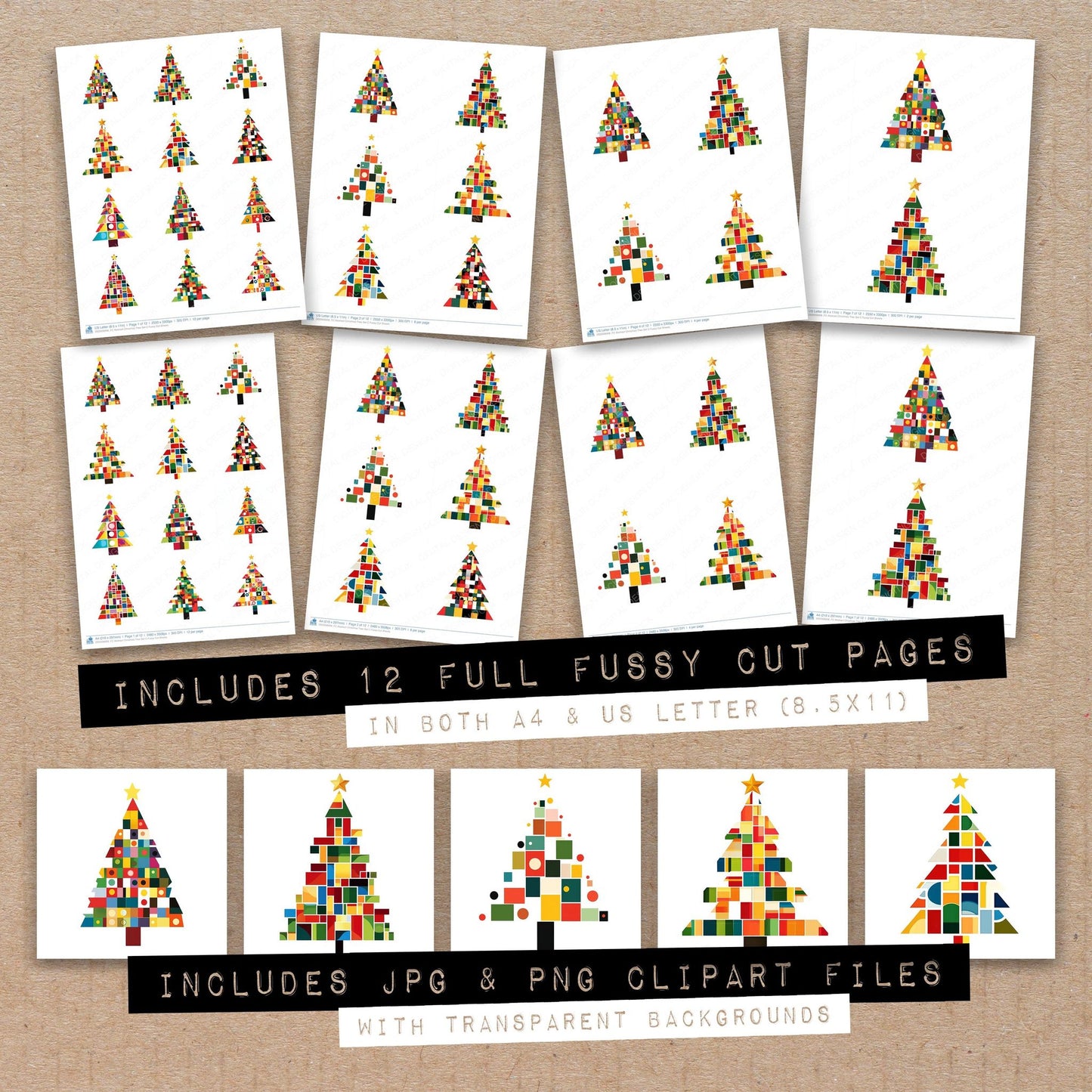 Full collection view of Abstract Christmas Tree C fussy cut sheets with bonus clipart JPG and PNG files
