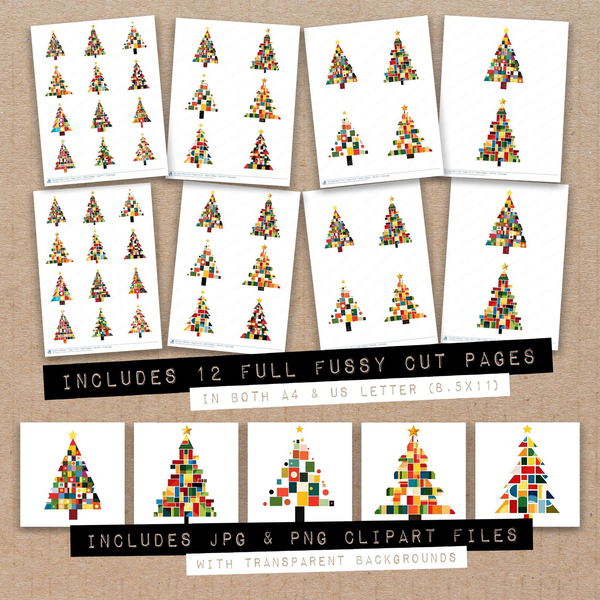 Full collection view of Abstract Christmas Tree C fussy cut sheets with bonus clipart JPG and PNG files
