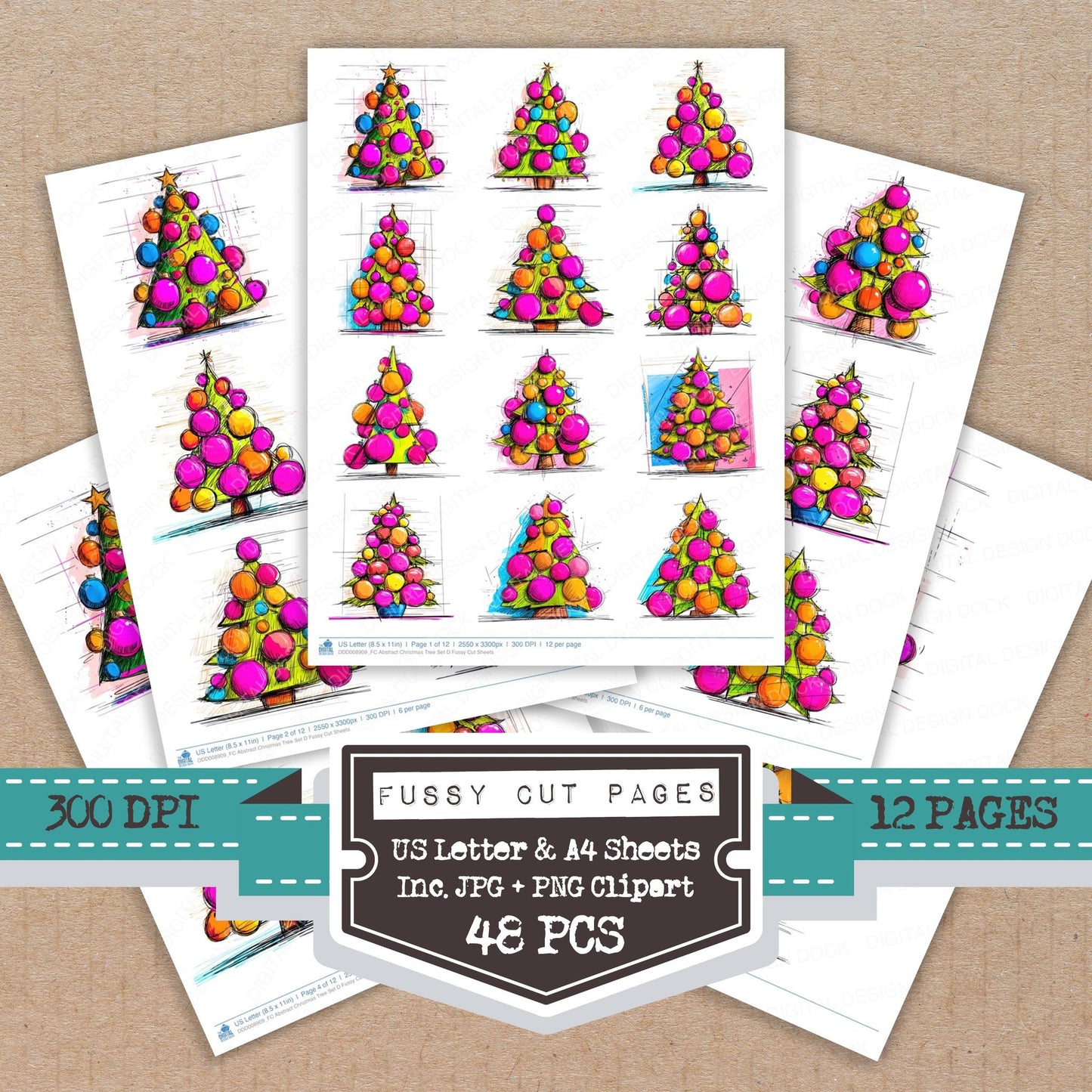 Abstract Christmas Tree D fussy cut printable sheets for junk journaling, scrapbooking, and paper craft projects