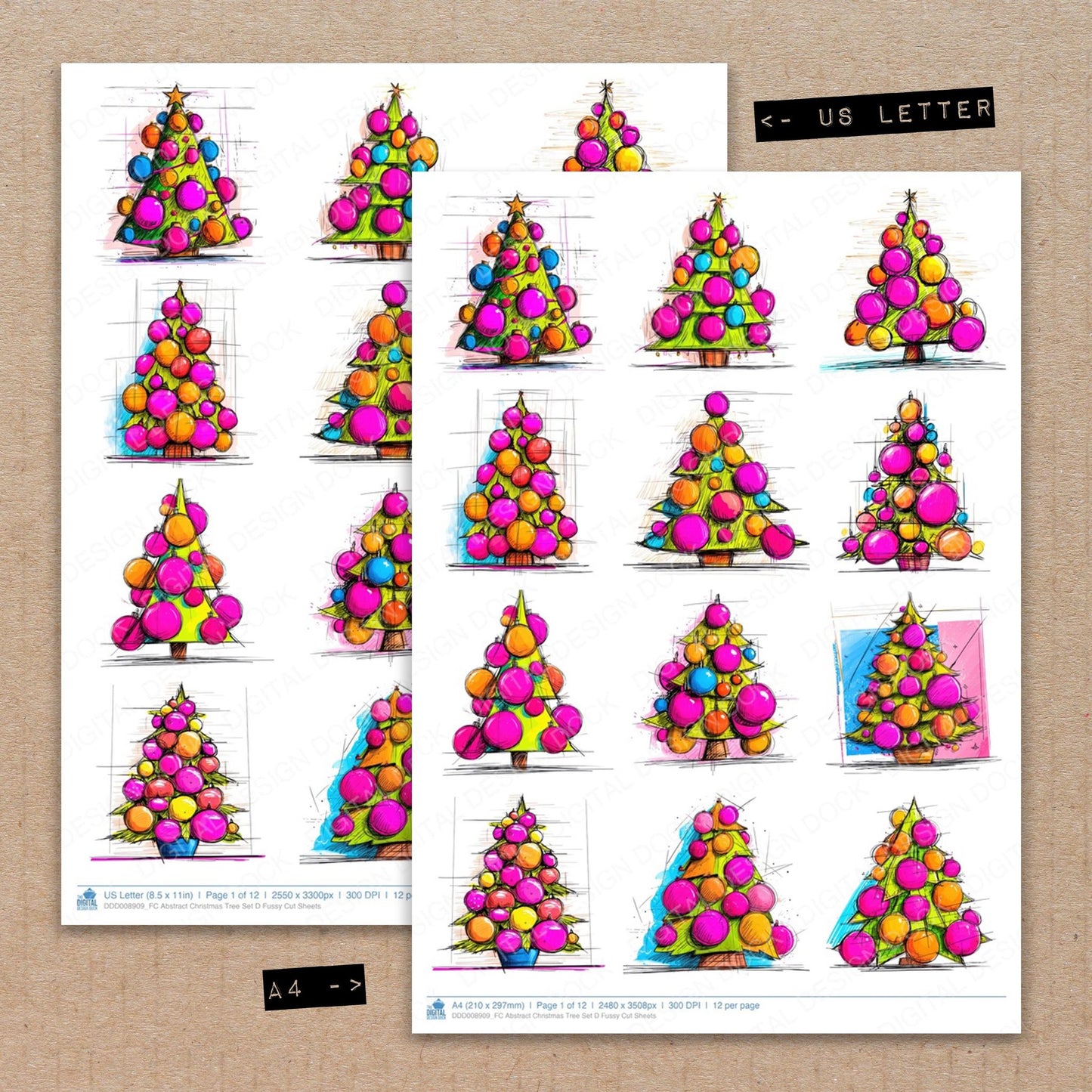 A4 and US Letter format comparison showing Abstract Christmas Tree D fussy cut pages for print and cut crafting