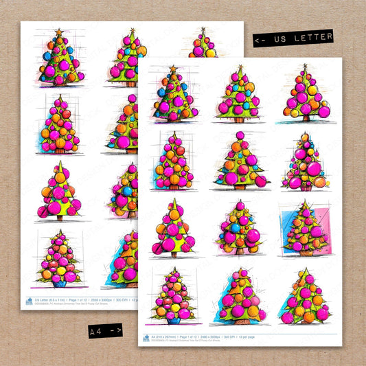 A4 and US Letter format comparison showing Abstract Christmas Tree D fussy cut pages for print and cut crafting