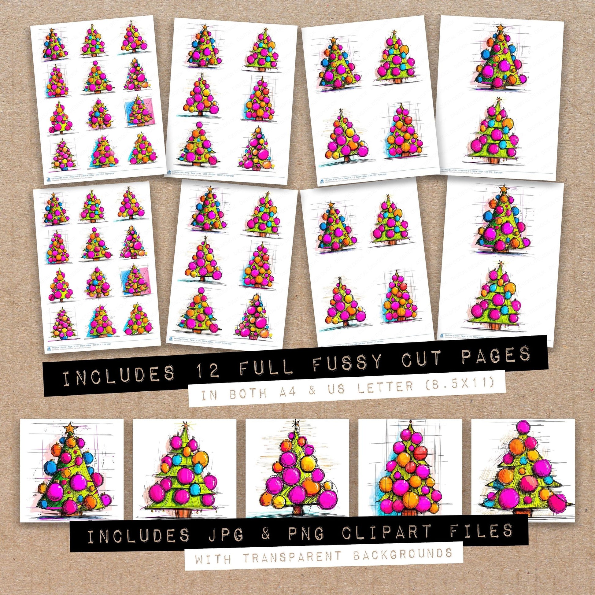 Full collection view of Abstract Christmas Tree D fussy cut sheets with bonus clipart JPG and PNG files
