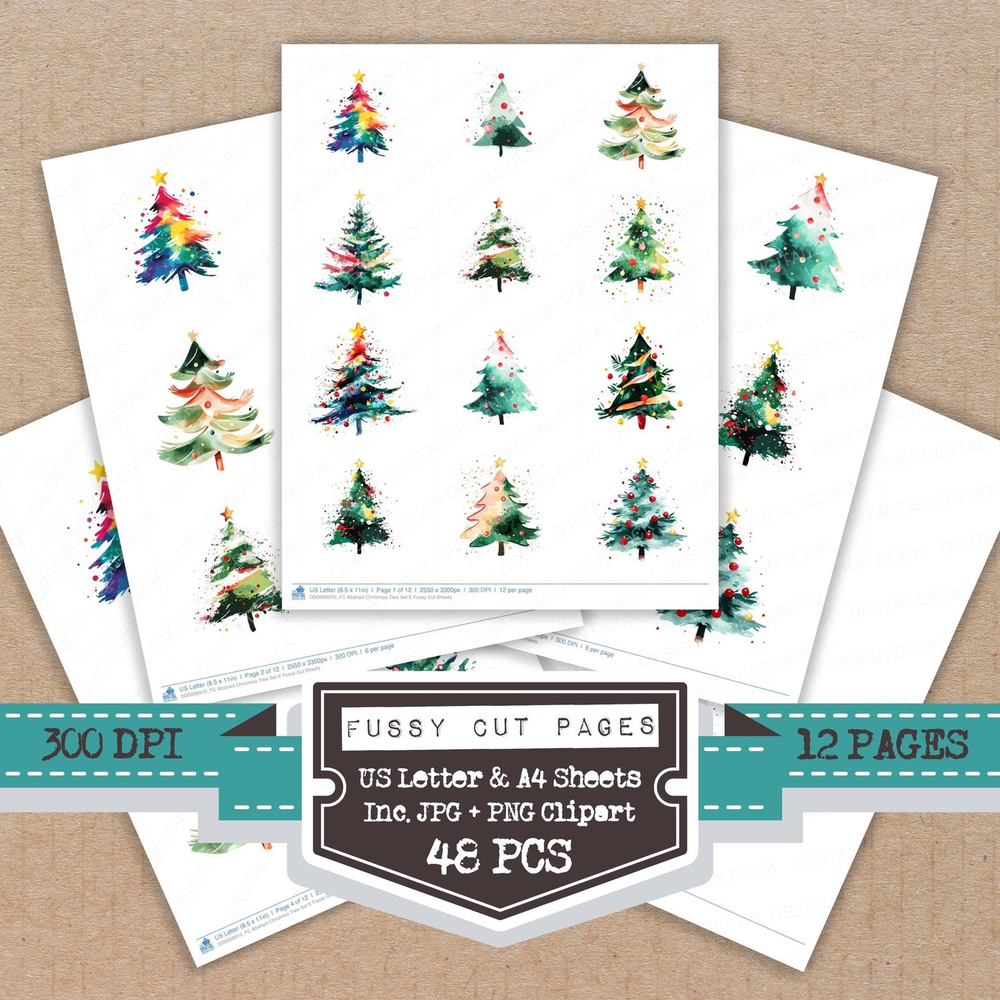 Abstract Christmas Tree E fussy cut printable sheets for junk journaling, scrapbooking, and paper craft projects