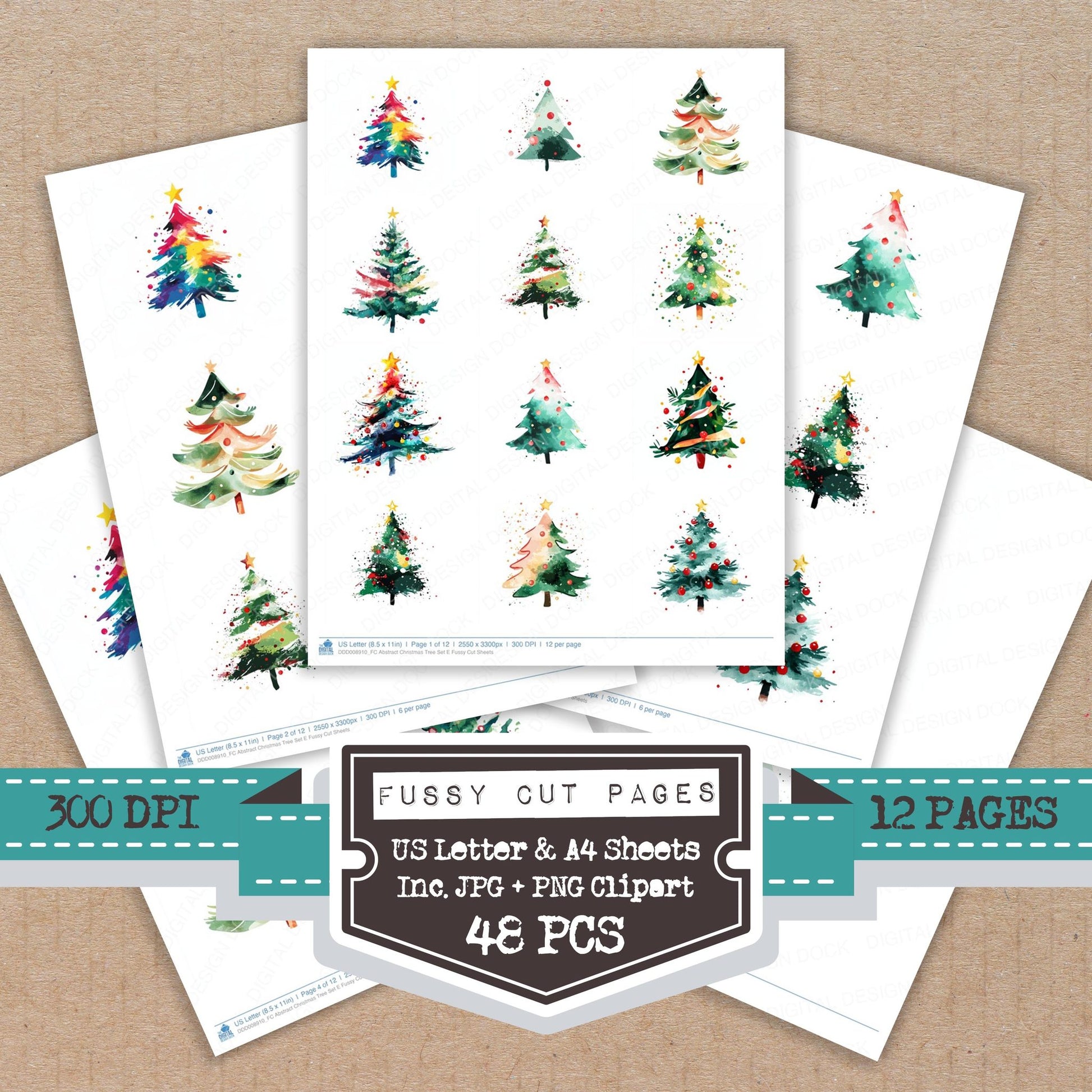 Abstract Christmas Tree E fussy cut printable sheets for junk journaling, scrapbooking, and paper craft projects