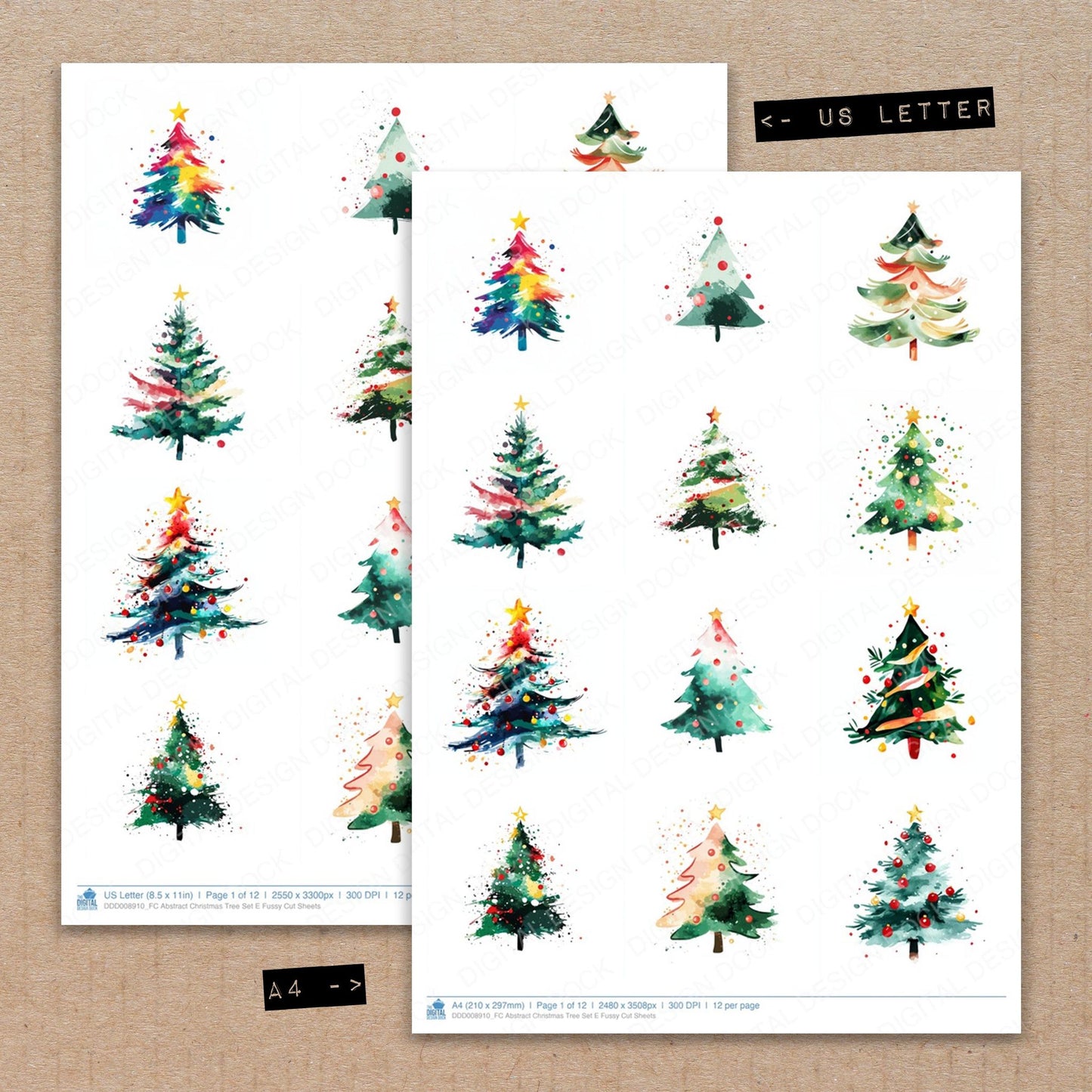 A4 and US Letter format comparison showing Abstract Christmas Tree E fussy cut pages for print and cut crafting