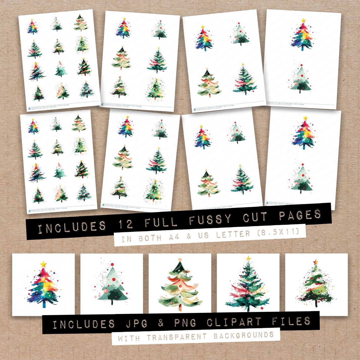 Full collection view of Abstract Christmas Tree E fussy cut sheets with bonus clipart JPG and PNG files