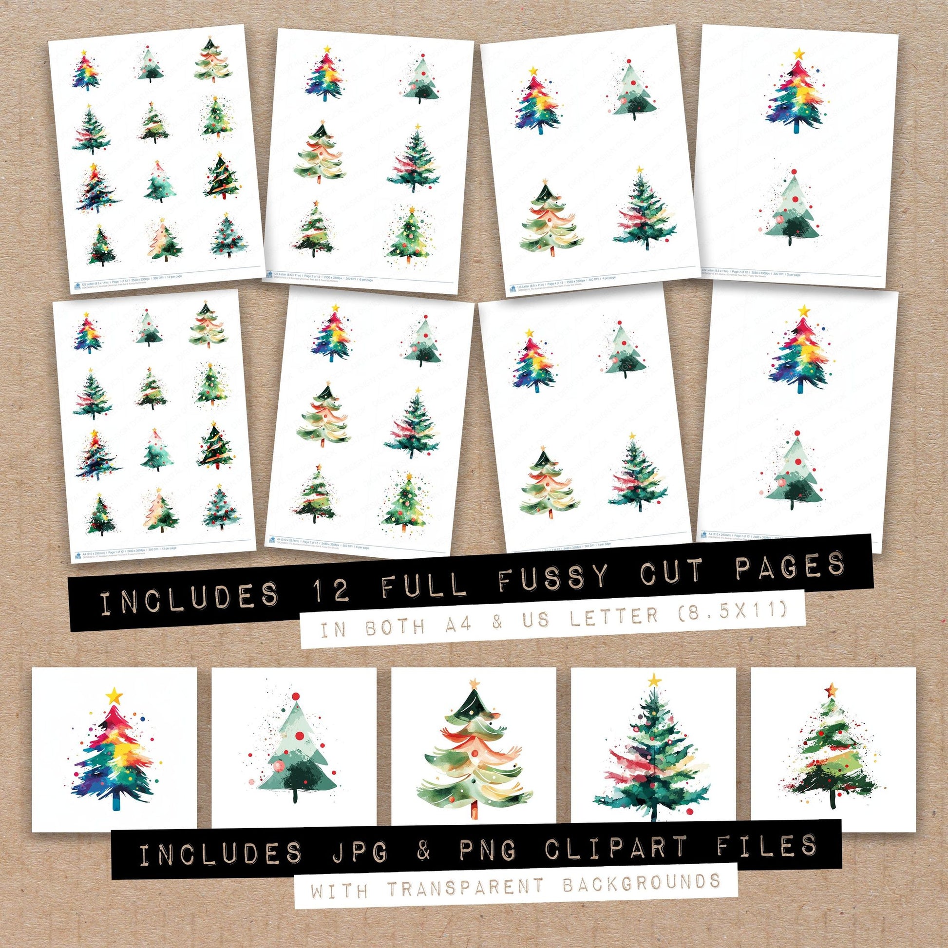 Full collection view of Abstract Christmas Tree E fussy cut sheets with bonus clipart JPG and PNG files