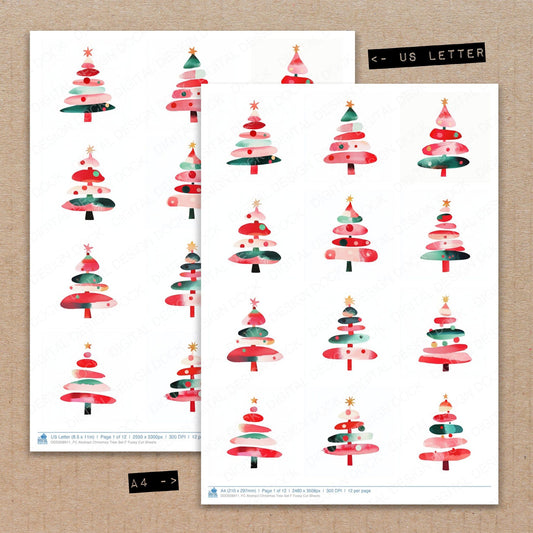 A4 and US Letter format comparison showing Abstract Christmas Tree F fussy cut pages for print and cut crafting