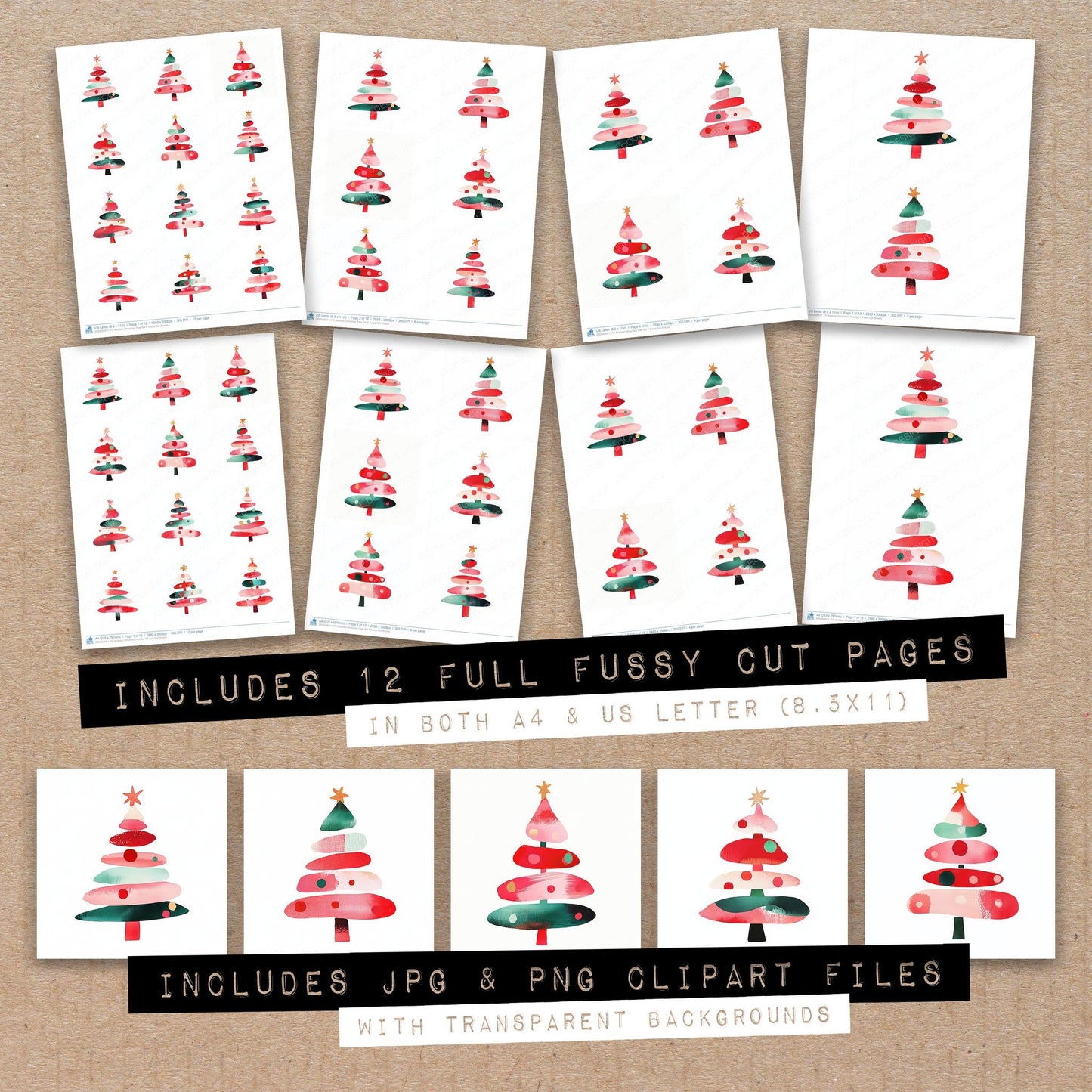 Full collection view of Abstract Christmas Tree F fussy cut sheets with bonus clipart JPG and PNG files