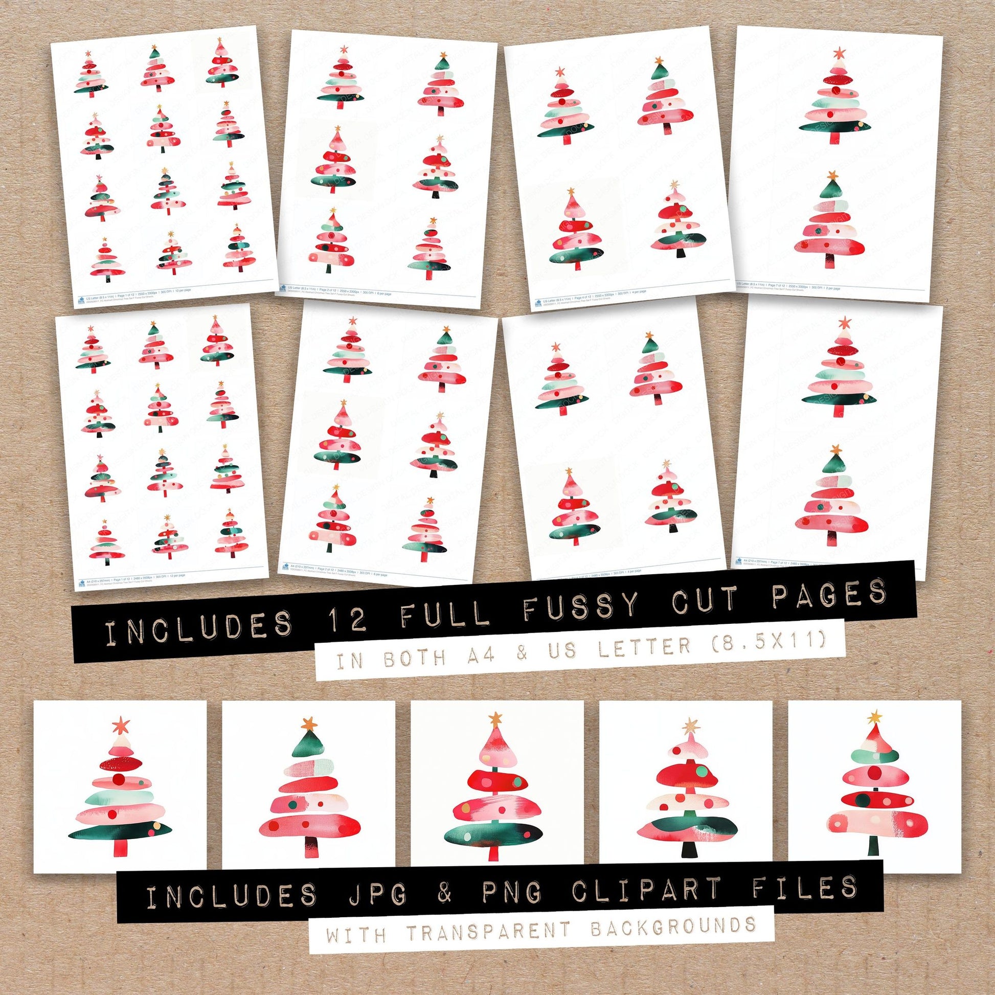 Full collection view of Abstract Christmas Tree F fussy cut sheets with bonus clipart JPG and PNG files