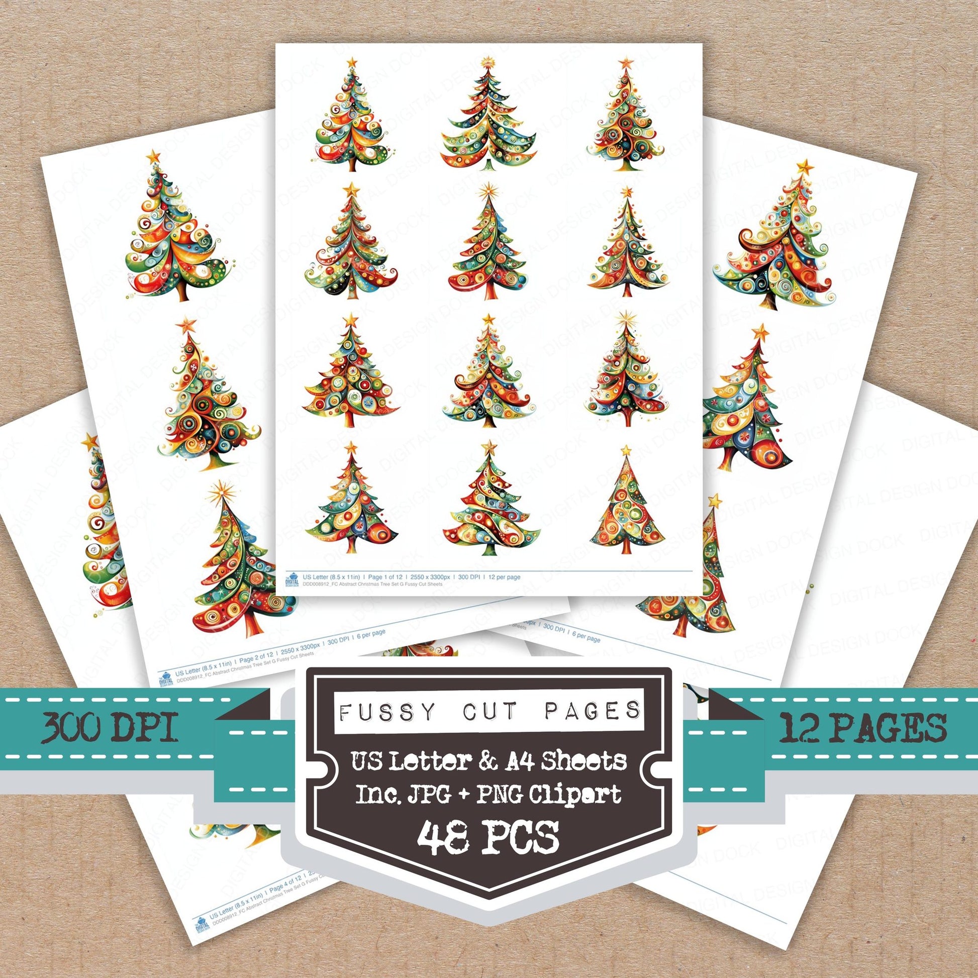 Abstract Christmas Tree G fussy cut printable sheets for junk journaling, scrapbooking, and paper craft projects