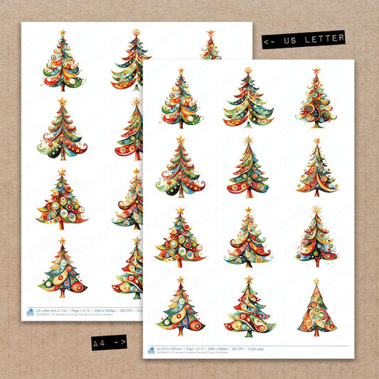 A4 and US Letter format comparison showing Abstract Christmas Tree G fussy cut pages for print and cut crafting