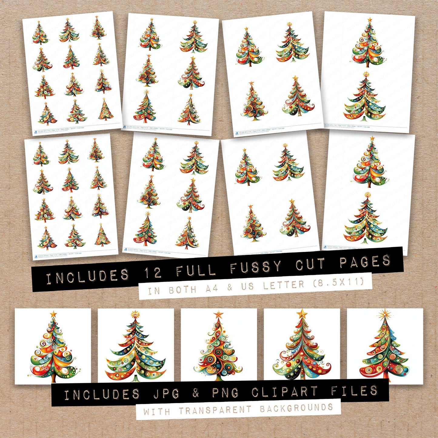 Full collection view of Abstract Christmas Tree G fussy cut sheets with bonus clipart JPG and PNG files