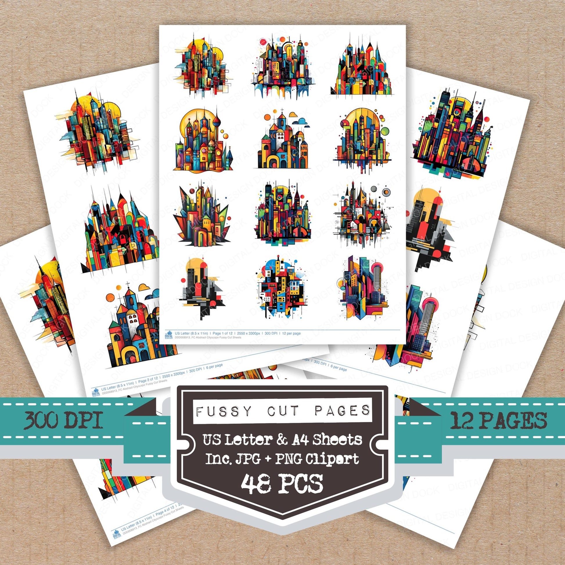 Abstract Cityscape fussy cut printable sheets for junk journaling, scrapbooking, and paper craft projects