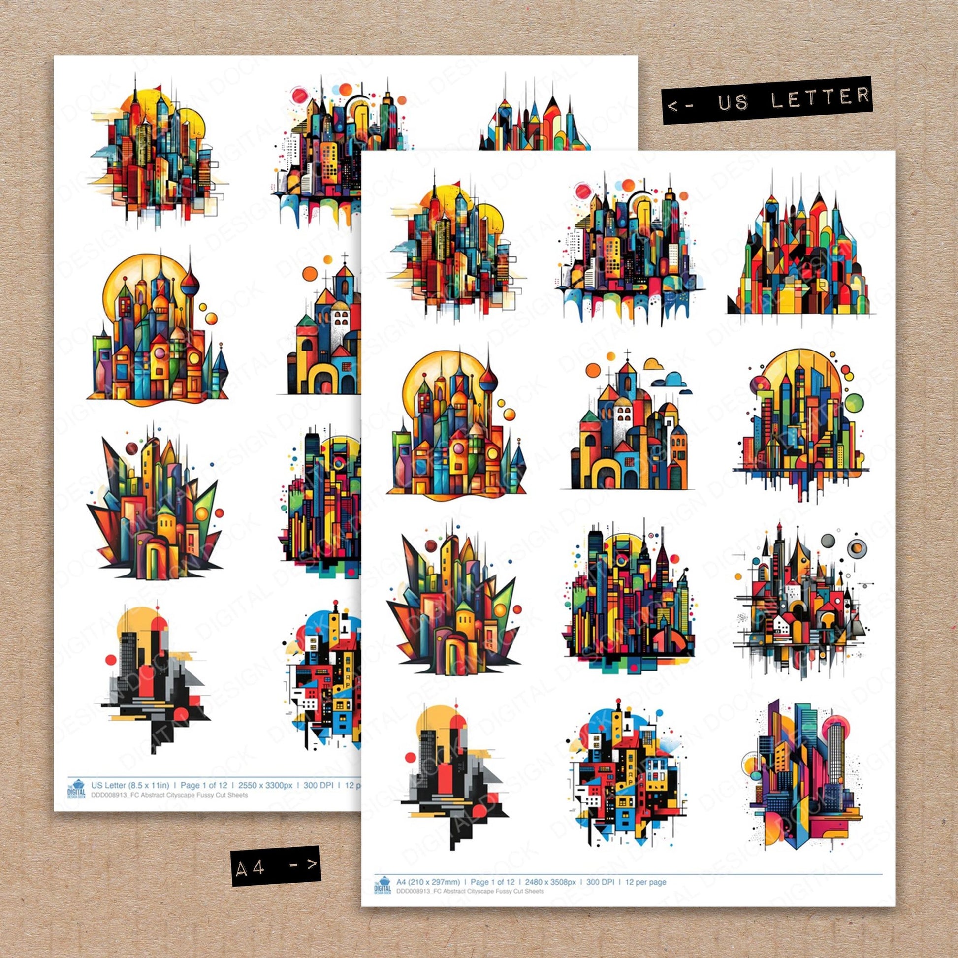 A4 and US Letter format comparison showing Abstract Cityscape fussy cut pages for print and cut crafting