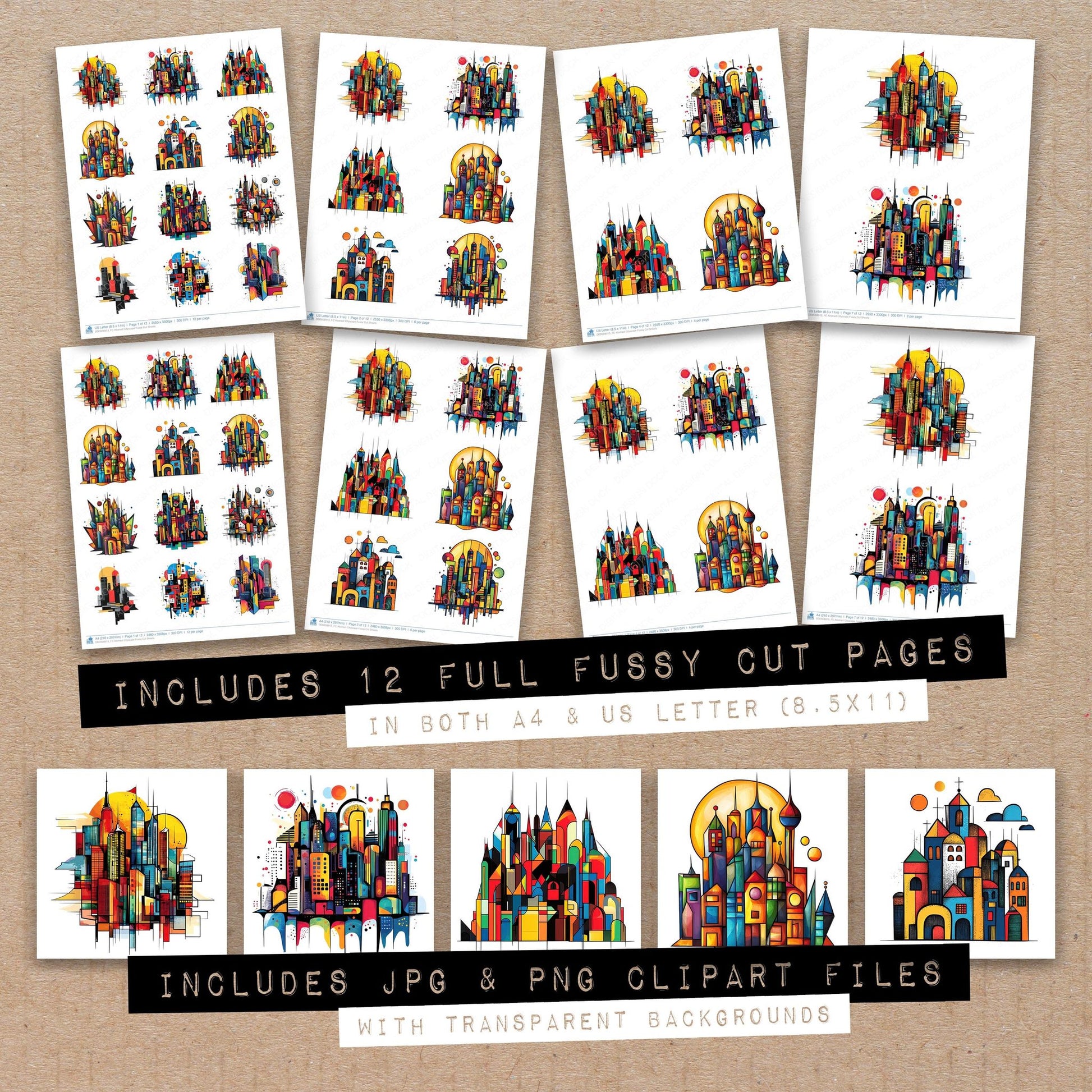 Full collection view of Abstract Cityscape fussy cut sheets with bonus clipart JPG and PNG files