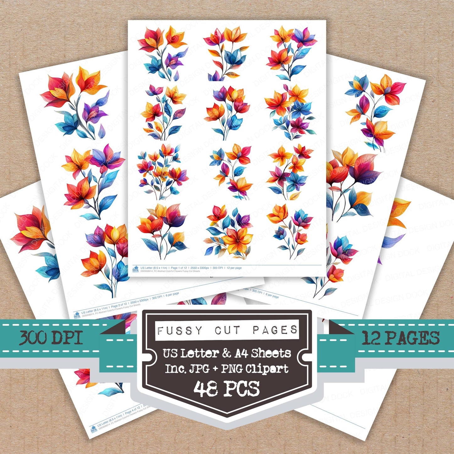 Abstract Colorful Flowers fussy cut printable sheets for junk journaling, scrapbooking, and paper craft projects