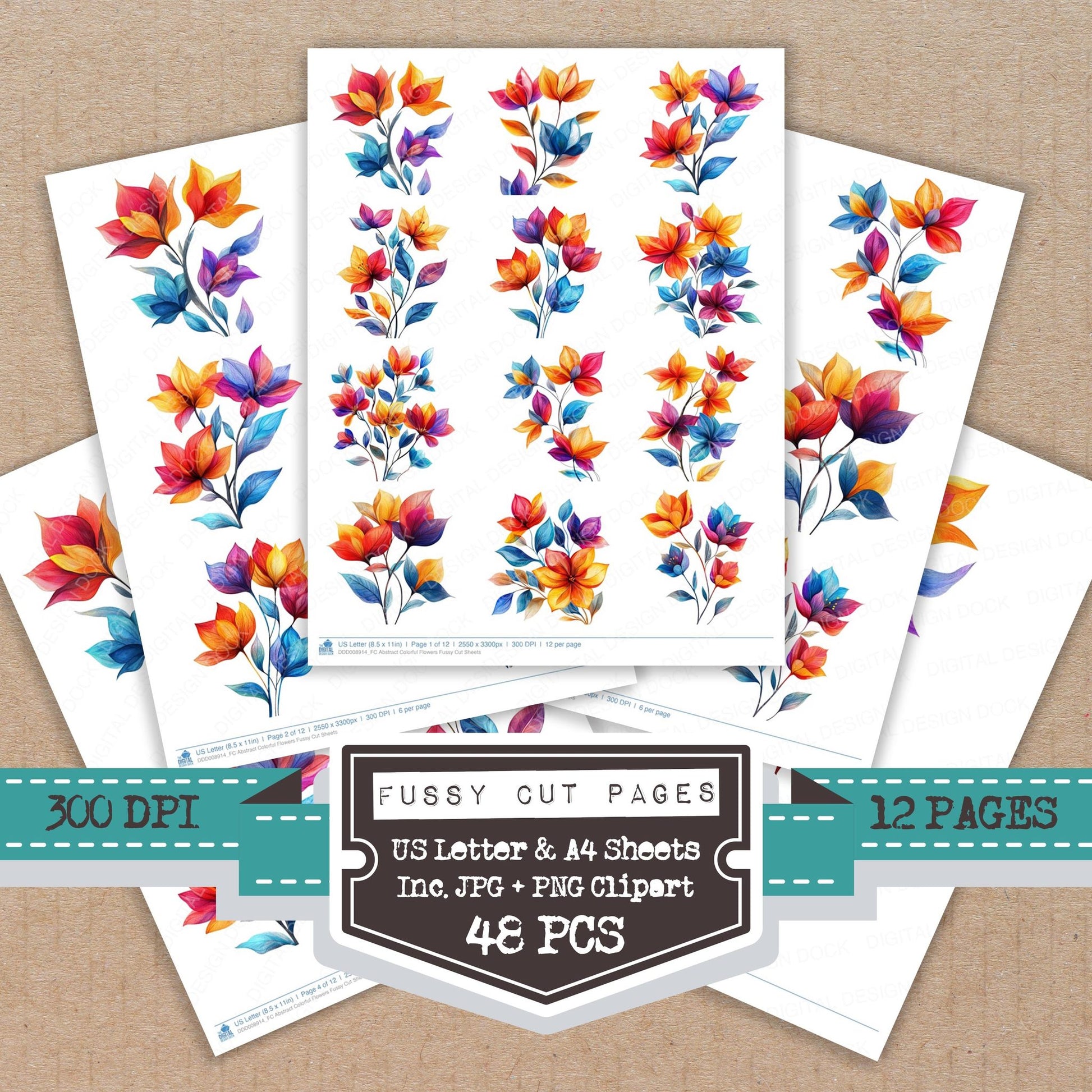 Abstract Colorful Flowers fussy cut printable sheets for junk journaling, scrapbooking, and paper craft projects