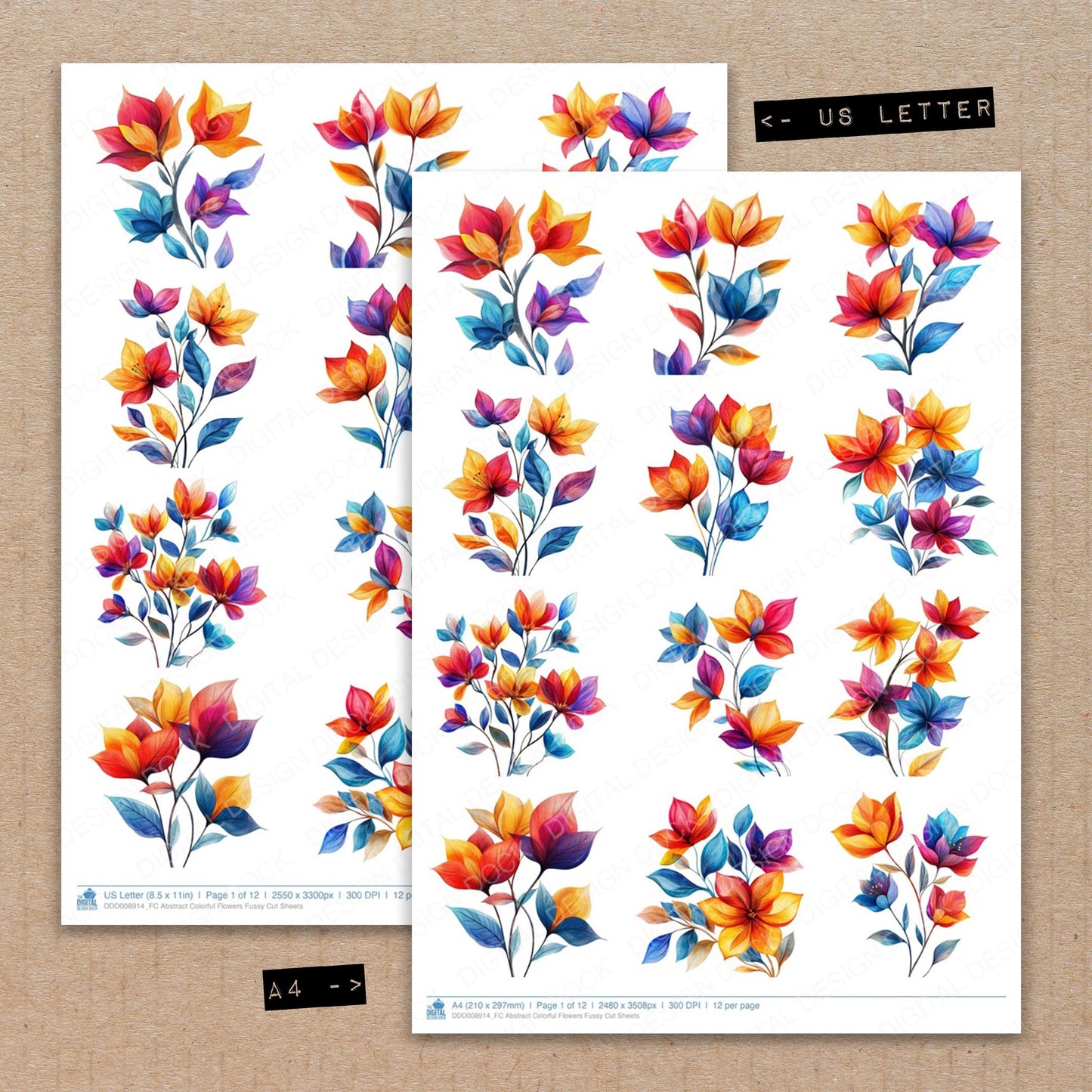 A4 and US Letter format comparison showing Abstract Colorful Flowers fussy cut pages for print and cut crafting