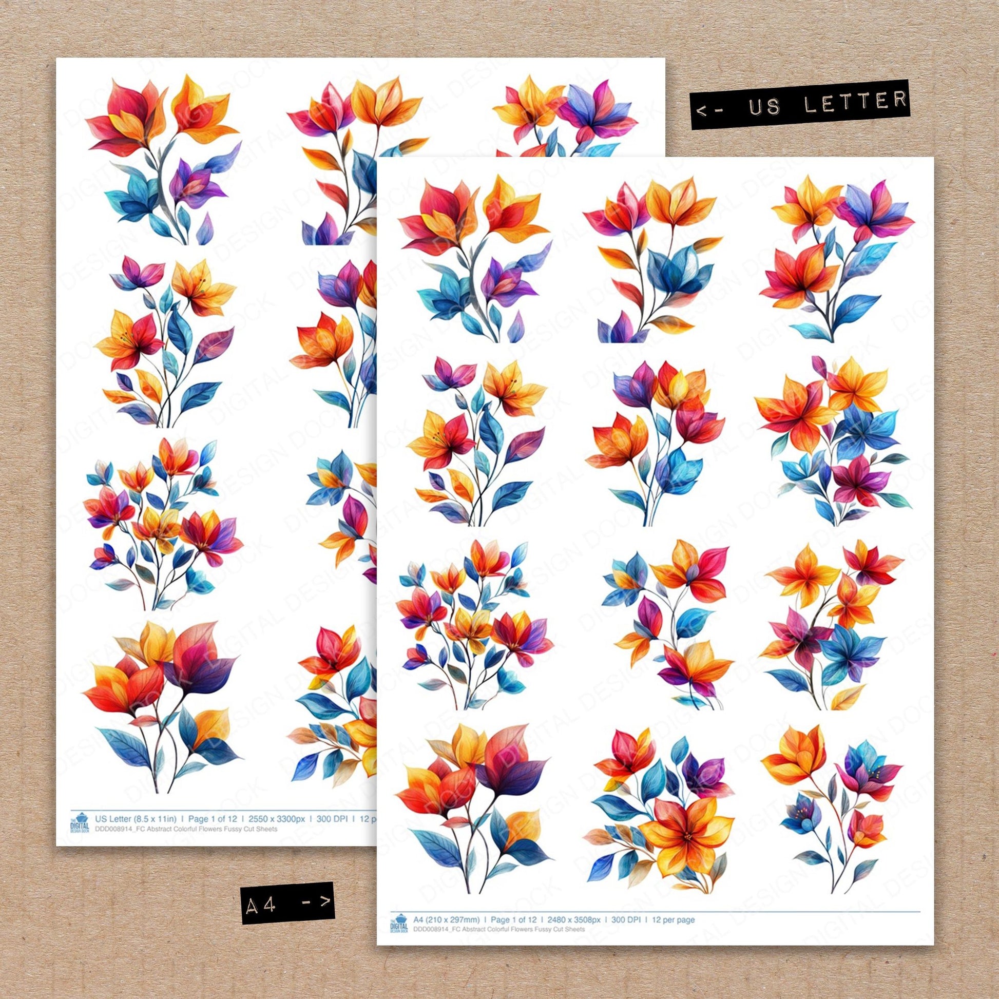 A4 and US Letter format comparison showing Abstract Colorful Flowers fussy cut pages for print and cut crafting
