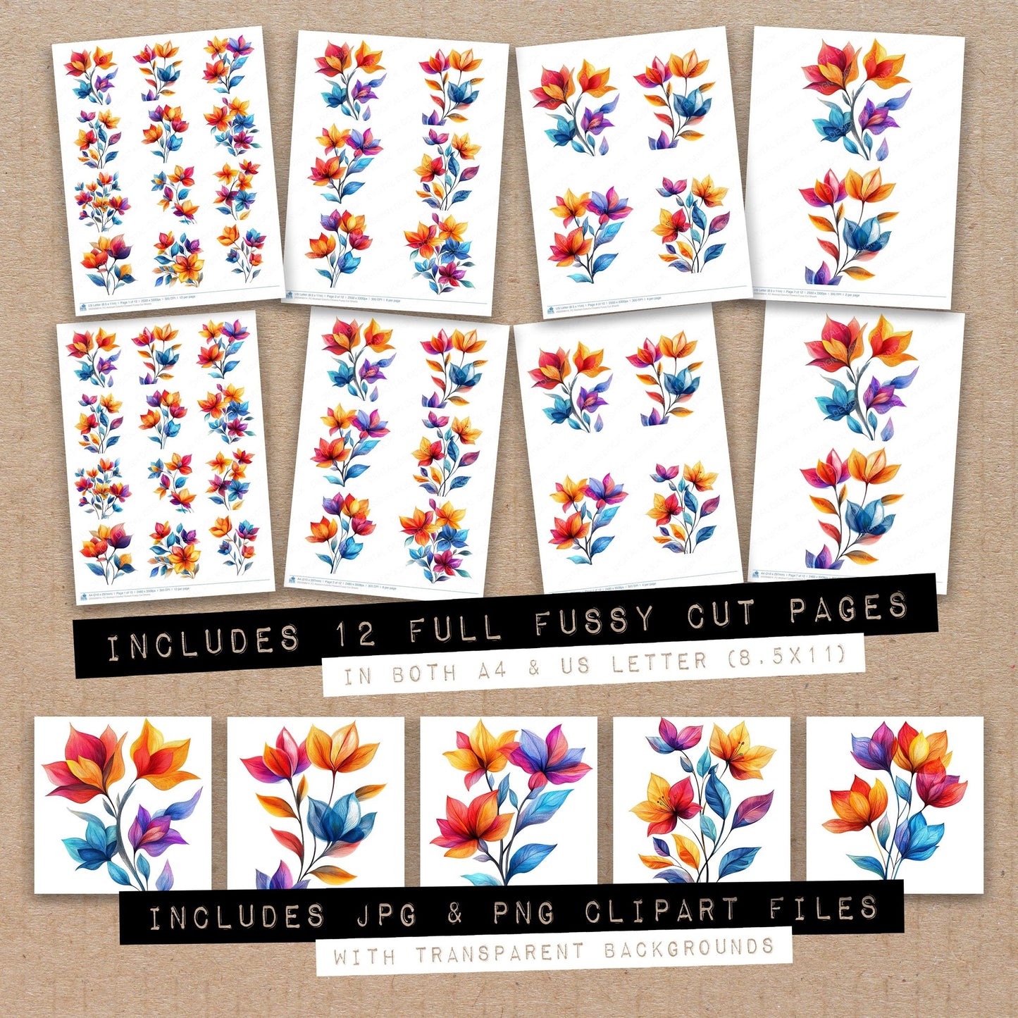 Full collection view of Abstract Colorful Flowers fussy cut sheets with bonus clipart JPG and PNG files