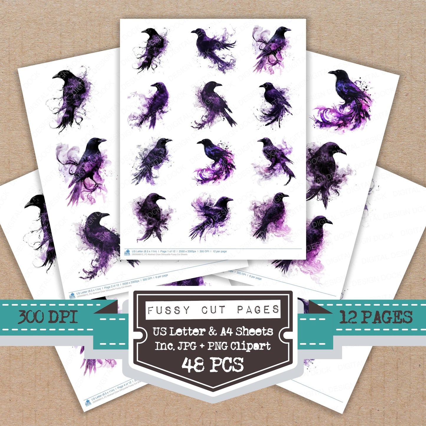 Abstract Crow Silhouette fussy cut printable sheets for junk journaling, scrapbooking, and paper craft projects