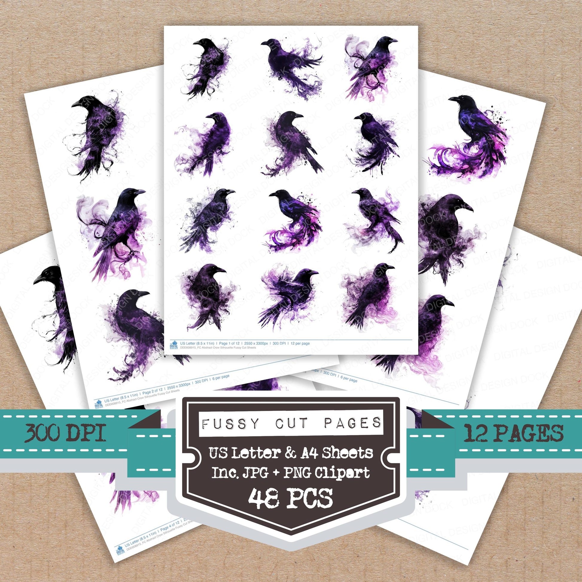 Abstract Crow Silhouette fussy cut printable sheets for junk journaling, scrapbooking, and paper craft projects