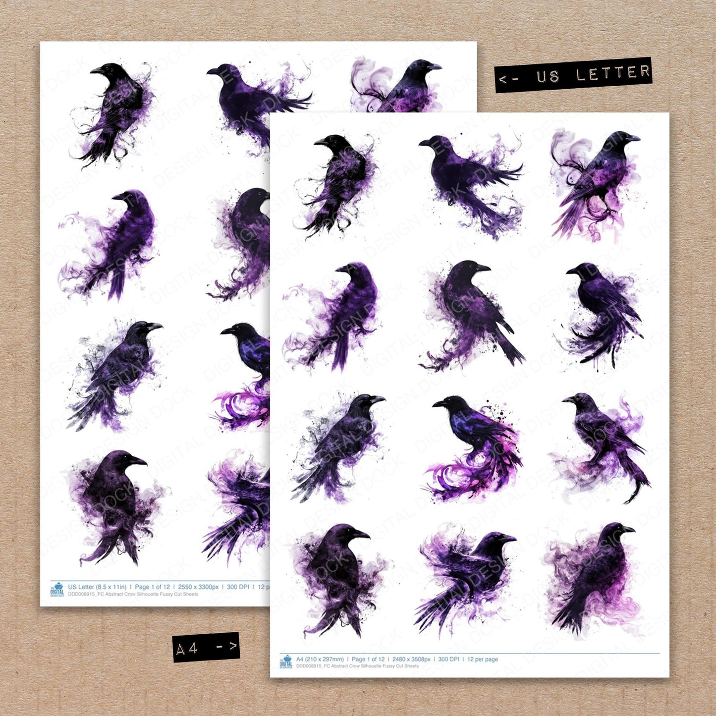 A4 and US Letter format comparison showing Abstract Crow Silhouette fussy cut pages for print and cut crafting