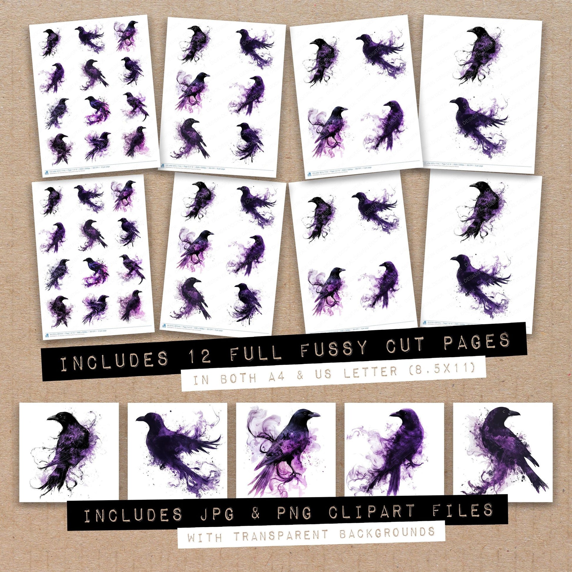 Full collection view of Abstract Crow Silhouette fussy cut sheets with bonus clipart JPG and PNG files