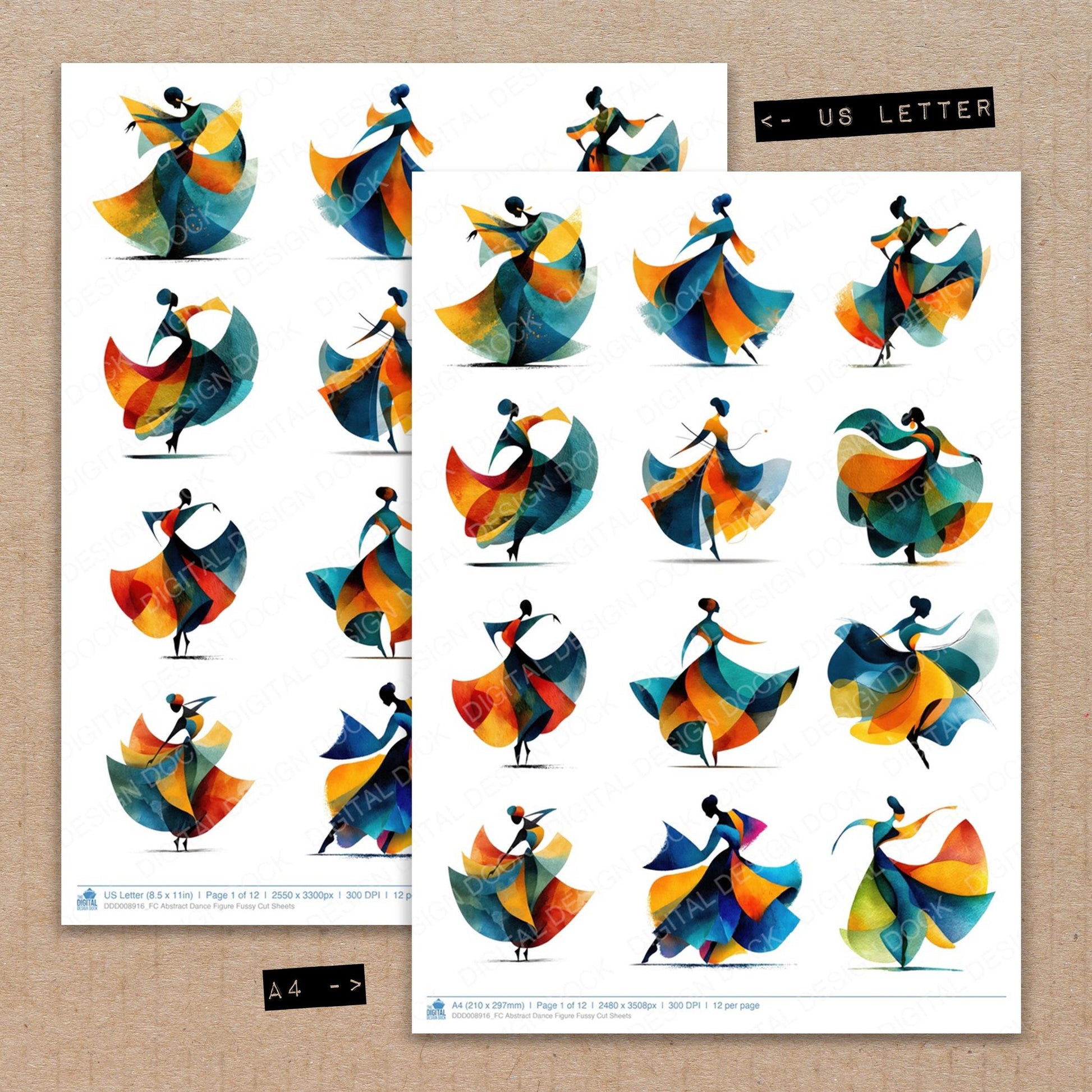 A4 and US Letter format comparison showing Abstract Dance Figure fussy cut pages for print and cut crafting
