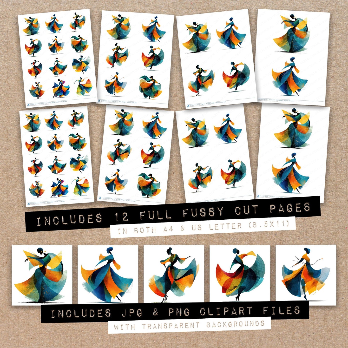 Full collection view of Abstract Dance Figure fussy cut sheets with bonus clipart JPG and PNG files