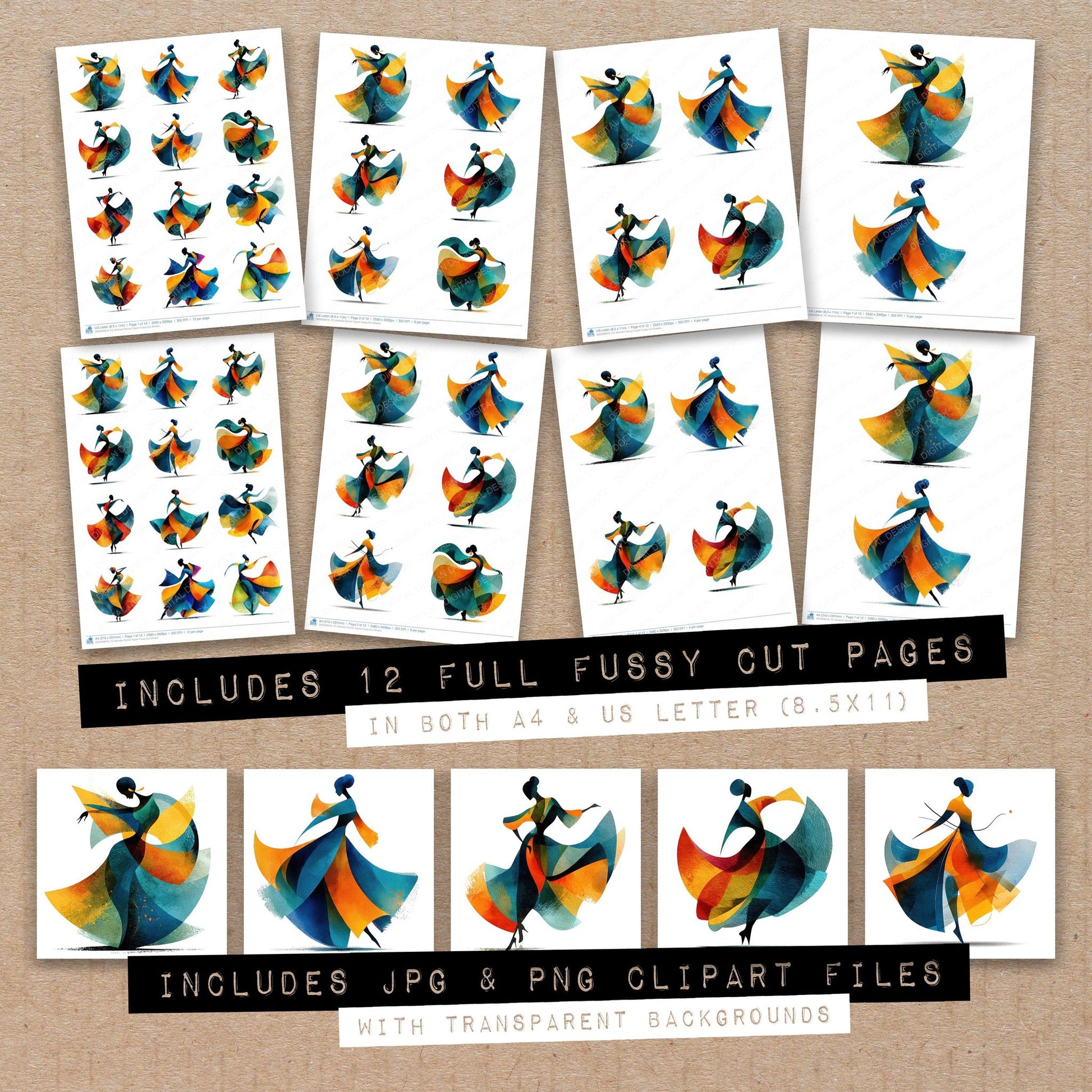 Full collection view of Abstract Dance Figure fussy cut sheets with bonus clipart JPG and PNG files