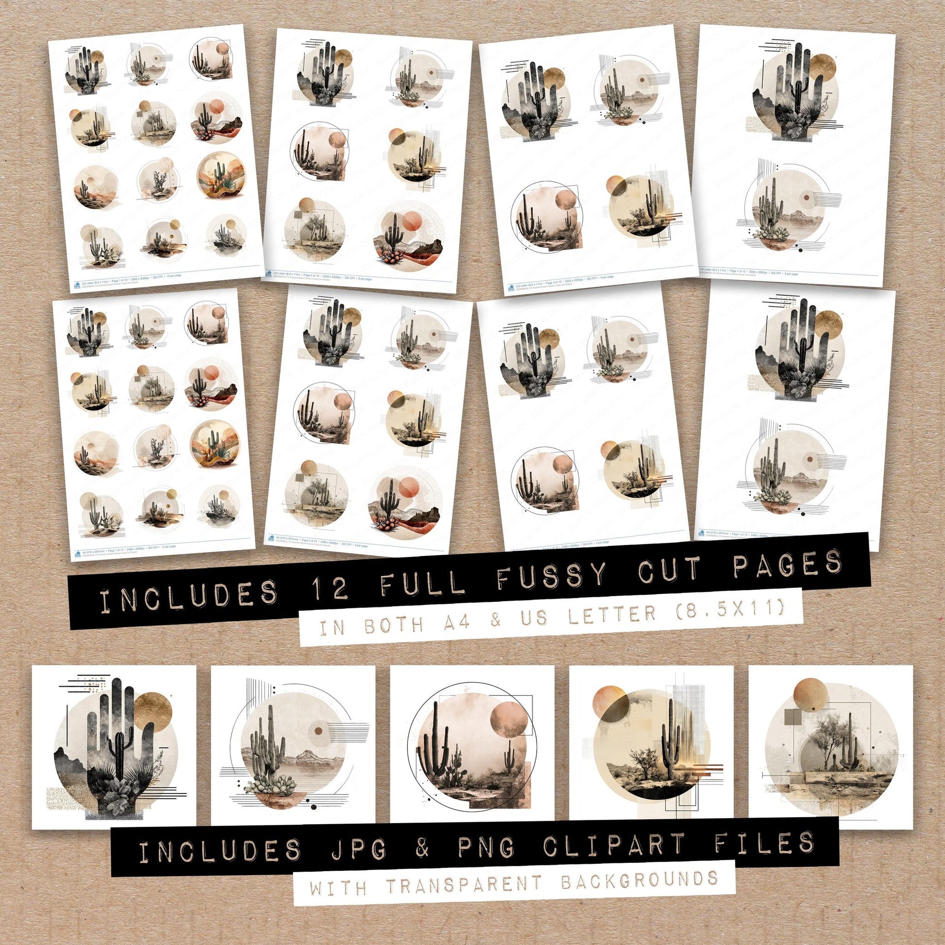 Full collection view of Abstract Desert Scene fussy cut sheets with bonus clipart JPG and PNG files
