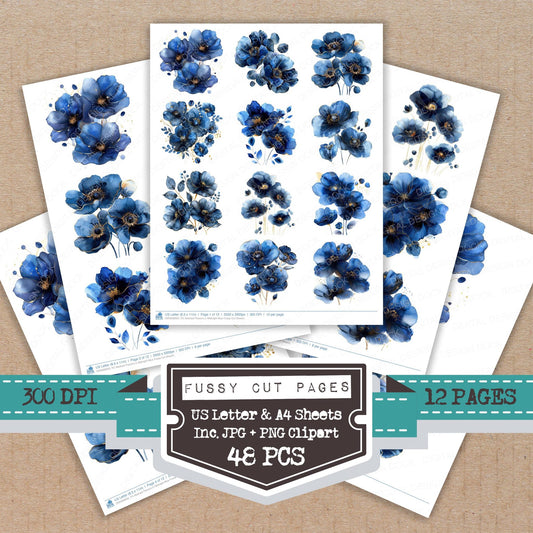 Abstract Flowers in Midnight Blue fussy cut printable sheets for junk journaling, scrapbooking, and paper craft projects