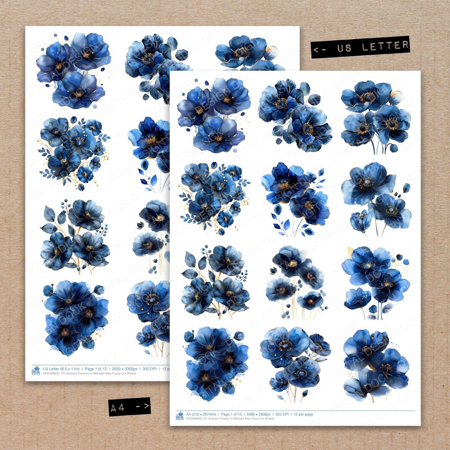 A4 and US Letter format comparison showing Abstract Flowers in Midnight Blue fussy cut pages for print and cut crafting