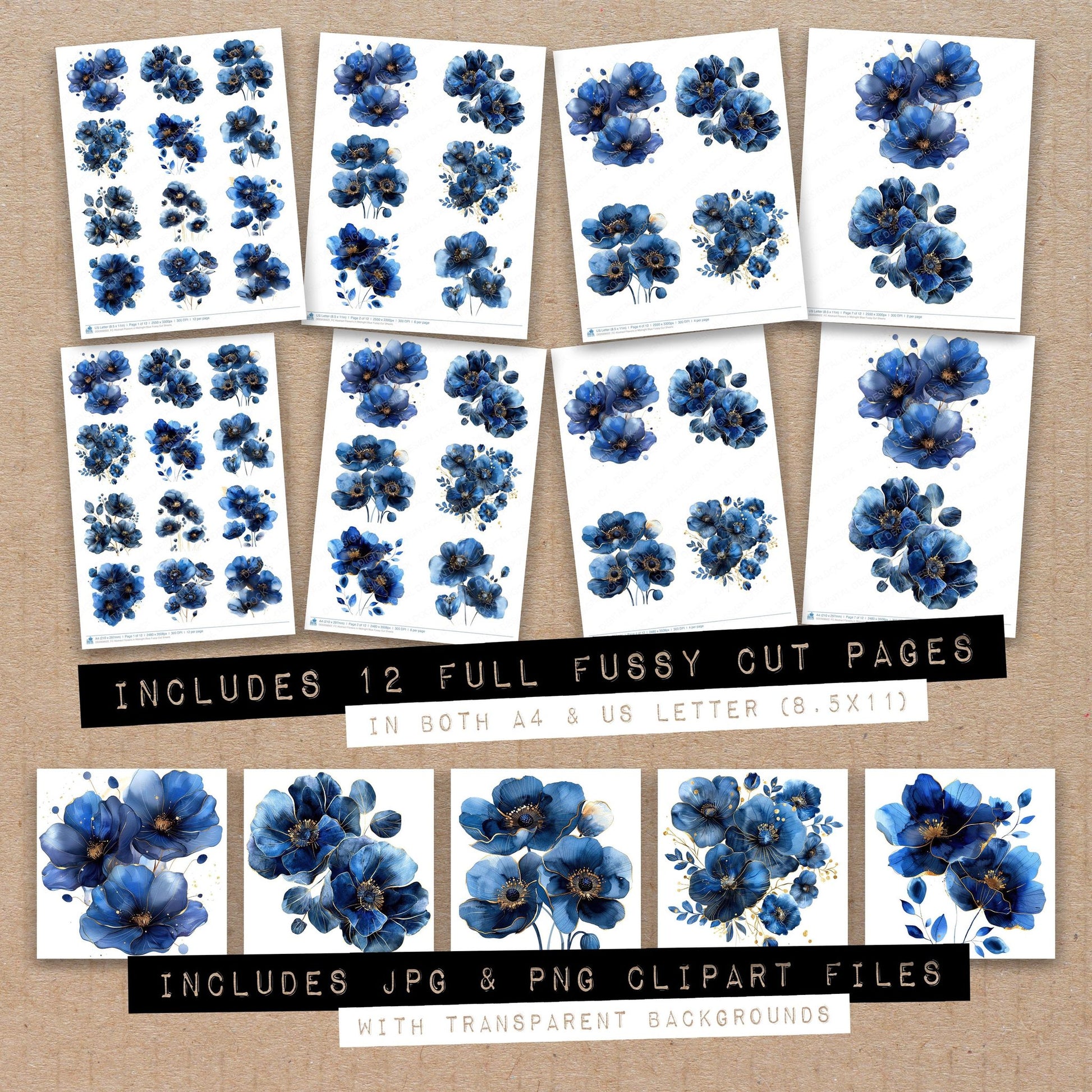 Full collection view of Abstract Flowers in Midnight Blue fussy cut sheets with bonus clipart JPG and PNG files