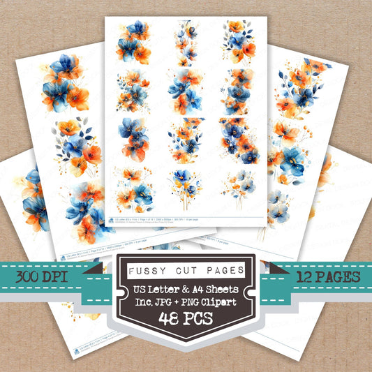 Abstract Flowers in Orange and Blue fussy cut printable sheets for junk journaling, scrapbooking, and paper craft projects